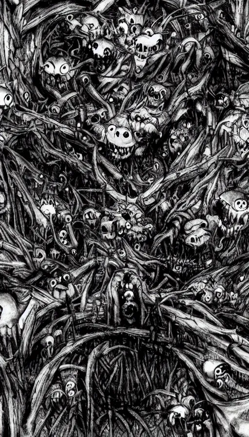 Image similar to a storm vortex made of many demonic eyes and teeth over a forest, by yoshitaka amano,