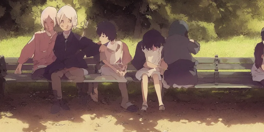 Image similar to a family with sorrow faces sitting on a bench, close up shot, anime art, Greg Rutkowski, studio ghibli, dramatic lighting