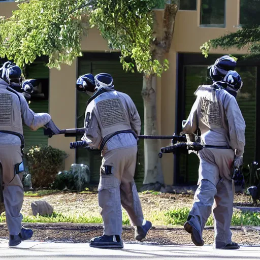 Prompt: ultra detailed photo monkeys in fbi jackets with badges and rifles attacking a nursing home