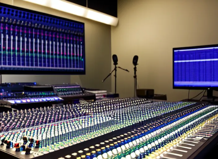 Image similar to studio photo still of an audio mixing board, 8 k, studio lighting, overhead spotlights