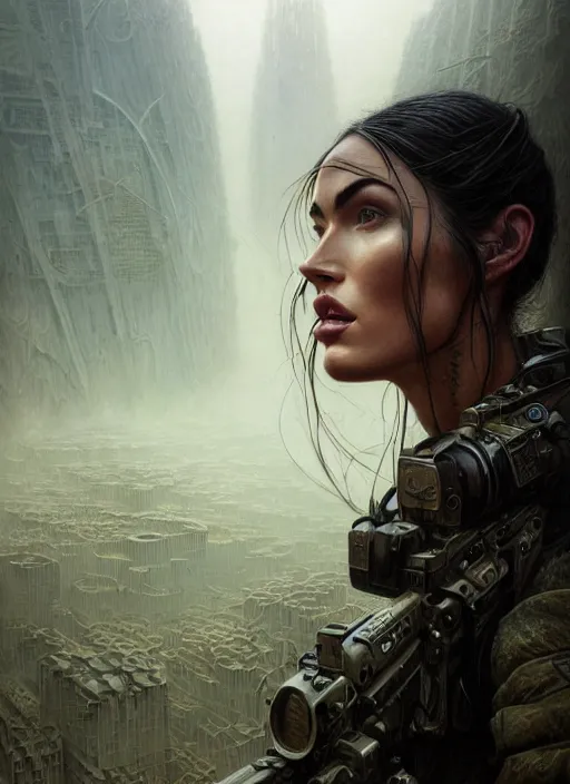 Image similar to closeup portrait shot of megan fox swat team soldier in a scenic dystopian environment, intricate, elegant, highly detailed, centered, digital painting, artstation, concept art, smooth, sharp focus, illustration, artgerm, tomasz alen kopera, peter mohrbacher, donato giancola, joseph christian leyendecker, wlop, boris vallejo