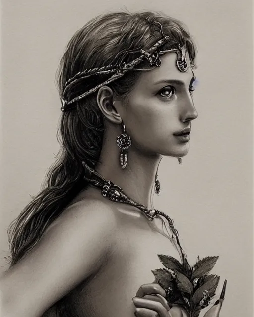 Prompt: pencil drawing of the very beautiful and sexy greek goddess aphrodite wearing a laurel wreath with arrowhead earrings, piercing eyes, sharp pupils, beautiful flowing hair, hyper realistic face, in the style of greg rutkowski, fantasy, amazing detail, epic, elegant, smooth, sharp focus, young