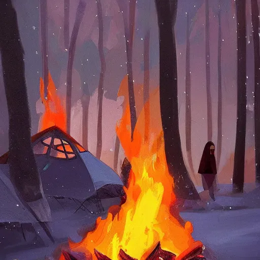 Image similar to a camp with tents on fire, burning down, shadows of 3 girls watching the camp burn, snow, painted by Sylvain Sarrailh