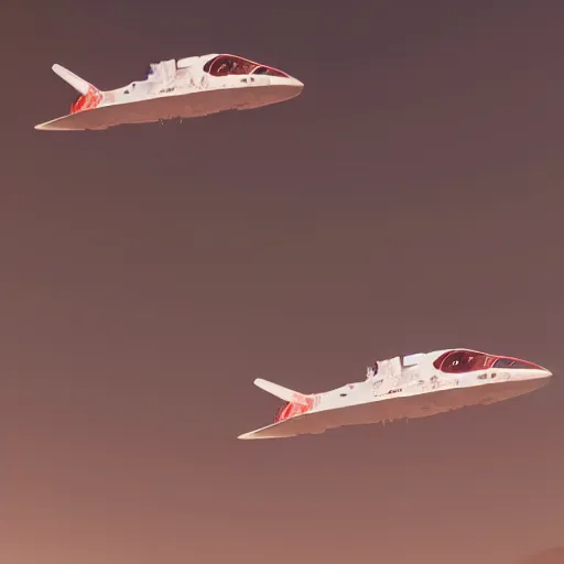 Image similar to two white very long intricate spacecraft with minor red details, flying in formation above the surface of mars, highly detailed, photorealistic, cinematic, sci-fi, octane render, bird\'s eye view