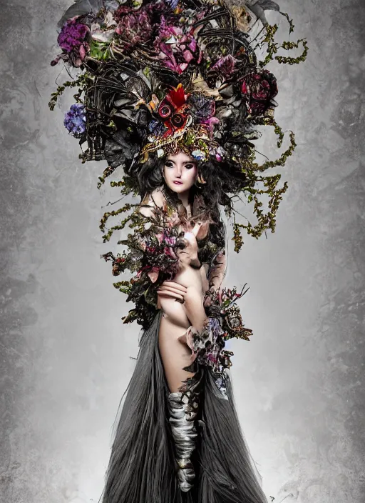 Image similar to full body environmental portrait photo of a goddess as angel, ornate headpiece made from flowers, ornaments, glamour shot by gemmy woud - binnendijk, chris knight, stefan gesell, photorealistic, canon r 3, fashion photography, ornate, elegant, luxury and elite, symmetrical features, octane render, unreal engine, solid dark grey background, dramatic lights