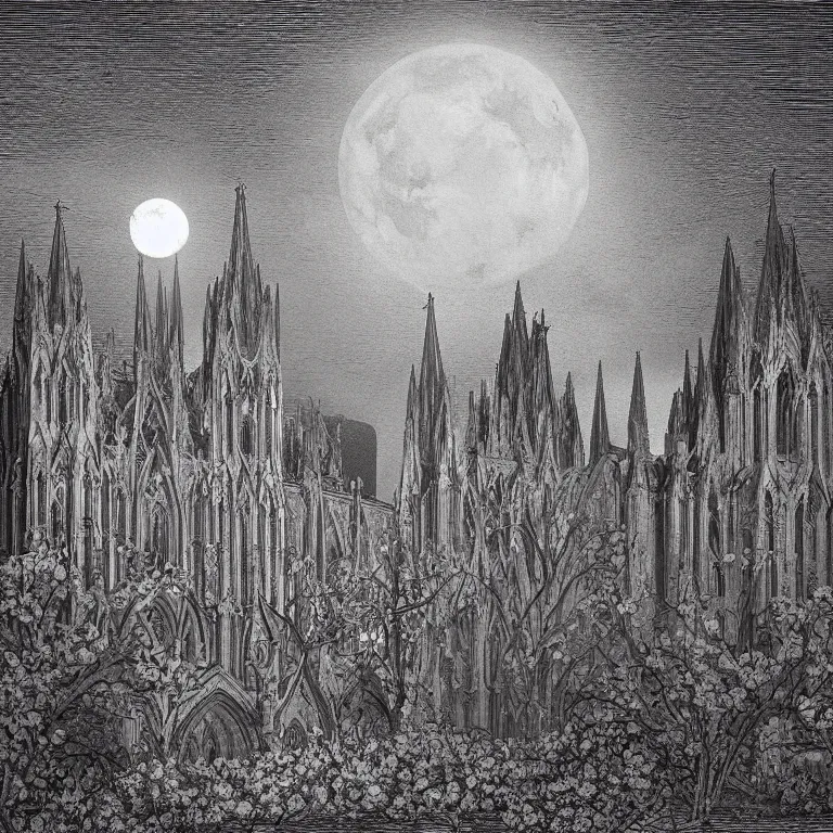 Prompt: A Gothic cathedral in a field of flowers, A huge red moon shines over the earth in the style of gustav doré.highly realistic, hyper detailed,cinematic,4k,digital art,unreal engine 5,epic lighting