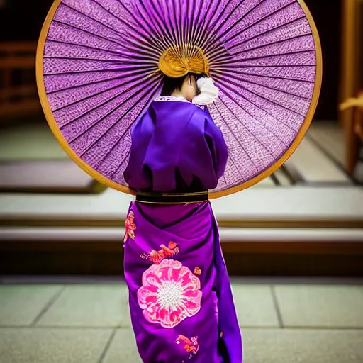 Image similar to Japanese geisha with beautiful violet paper fan, 4k photography, 30 mm lens, cinematic light, warm atmosphere, in style of Kar Wai Wong, fine dust