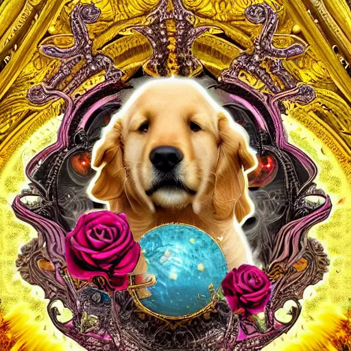 Image similar to Golden Retriever in a cosmic dress, full-body tattoos, ornate, rococo, Psychedelic, zbrush art, majestic, organics, silver filigree, colorful, dark fantasy, celtic knot, anatomical, h r giger style, moebius, frank frazetta, ornate, art nouveau, symmetrical, turquoise jewelry, red smoke, roses, unbiased render, rotten, Emil melmoth, eerie, macabre, haunting + insanely detailed and intricate, floral, faded pink, hypermaximalist, elegant, vintage, hyper realistic, super detailed, pastel color, 8K,