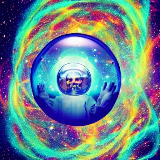 Prompt: ”astronaut in a soap bubble floating into a mysterious vortex in a strange galaxy, [epic, colorful, aweinspiring, otherwordly]”