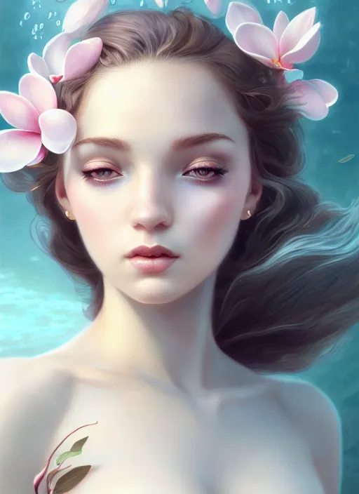 Image similar to character art of a goddess of magnolias as windy dusty underwater angelic young female | | seductive - fine - face, pretty face, key visual, realistic shaded perfect face, fine details by artgerm, wlop, tom bagshaw, james jean, andrei riabovitchev, marc simonetti, trending on artstation