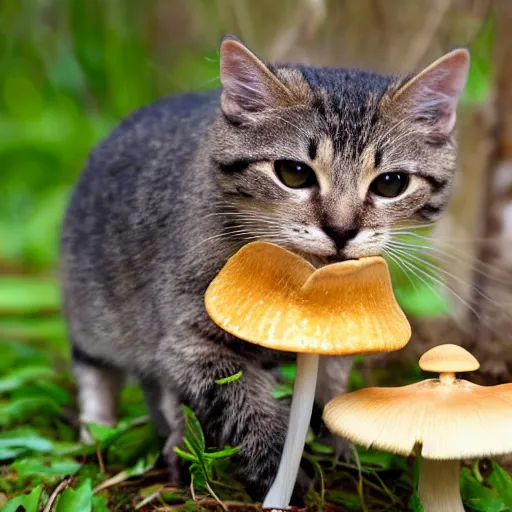 Prompt: a small domestic housecat with a golden mushroom growing atop its head