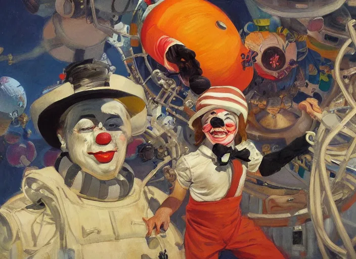 Image similar to a highly detailed beautiful portrait of a clown and a mime fighting on a space station, by gregory manchess, james gurney, james jean