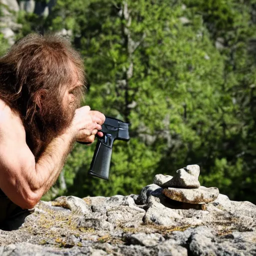 Image similar to neanderthal discovering a pistol near a rock on the ground.