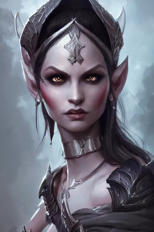 Image similar to dark elf princess, highly detailed, d & d, fantasy, highly detailed, digital painting, trending on artstation, concept art, sharp focus, illustration, art by artgerm and greg rutkowski and fuji choko and viktoria gavrilenko and hoang lap