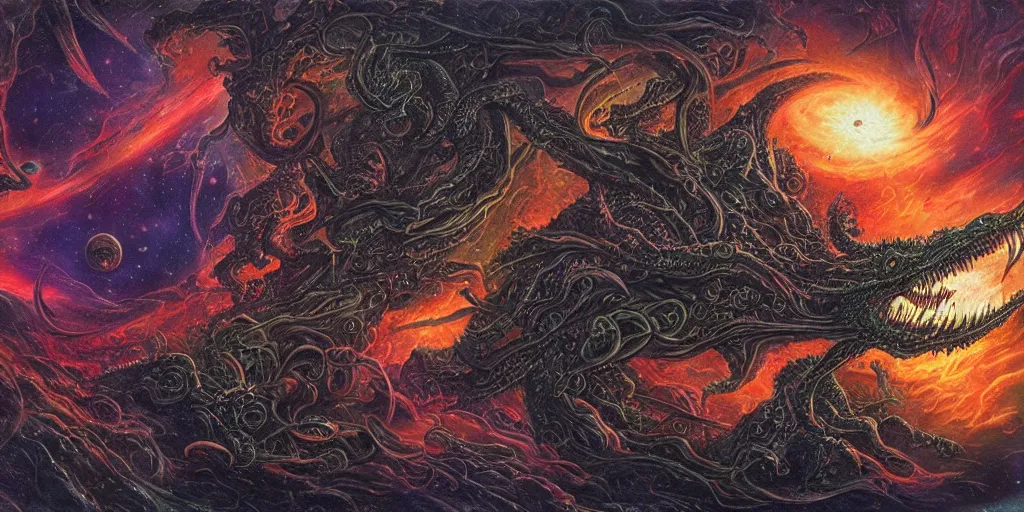 Prompt: evil cosmic demon alien dragon demigods flying through outer space consuming epic nebulas and asteroid belts, eldritch horror, dan seagrave art