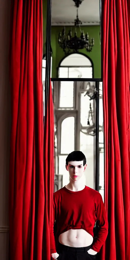 Image similar to androgynous male with black short hair and pale skin is standing in front of a mirror surrounded by victorian interior in a room with tall windows deep red curtains and moos green flooring. volumetric lighting, petspective room layout