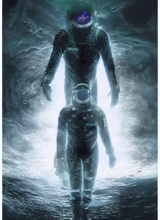 Image similar to astronauts in dark void underwater - complex and hyperdetailed technical suit. reflection and dispersion materials. rays and dispersion of light. volumetric light. f / 3 2. noise film photo. flash photography. ultra realistic, wide angle. poster by wayne barlowe, hajime sorayama aaron horkey, craig mullins