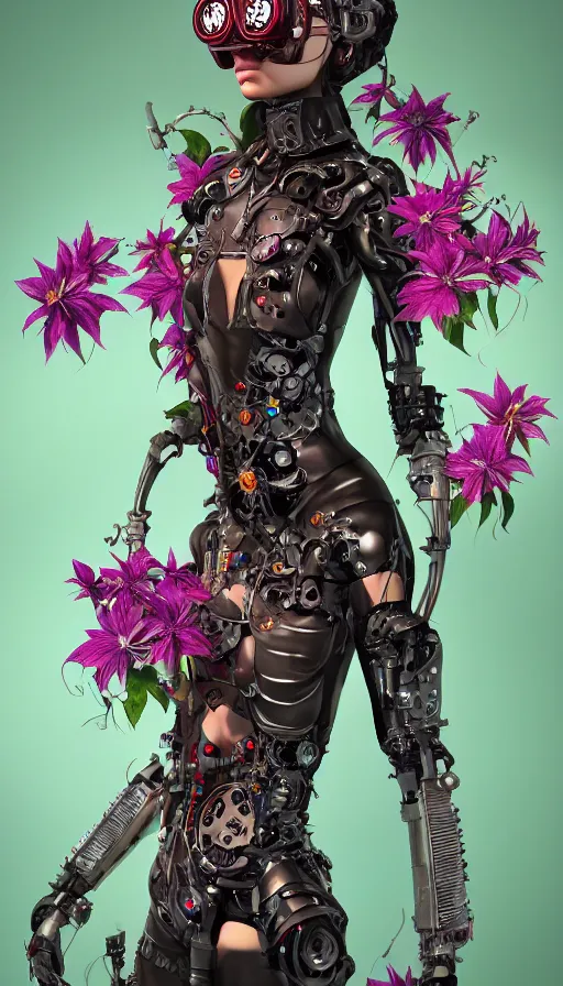 Prompt: full body head to toe portrait of a flowerpunk sci-fi cyborg spy, third person, D&D, sci-fi fantasy, intricate, red VR goggles, lily and clematis vines and sunflower, highly detailed, art by Range Murata, highly detailed, 3d, octane render, bright colors, digital painting, trending on artstation, sharp focus, illustration style of Stanley Artgerm, dramatic background