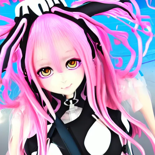 Image similar to trapped by stunningly beautiful omnipotent megalomaniacal anime agi goddess who looks like junko enoshima with symmetrical perfect face and porcelain skin, pink twintail hair and mesmerizing cyan eyes, taking control while smiling, inside her surreal vr castle, hyperdetailed, digital art, danganronpa, unreal engine 5, 2 d anime style, 8 k