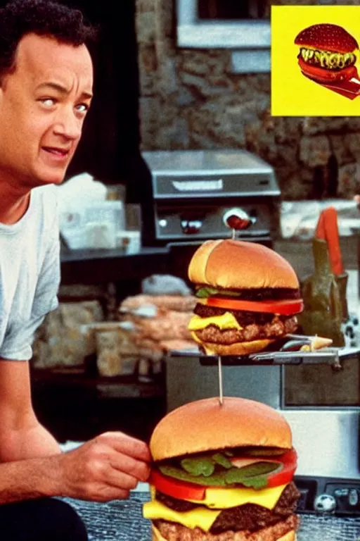 Prompt: tom hanks grilling burgers tarot card, turbografx