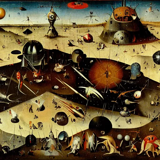 Prompt: space battle by hieronymus bosch