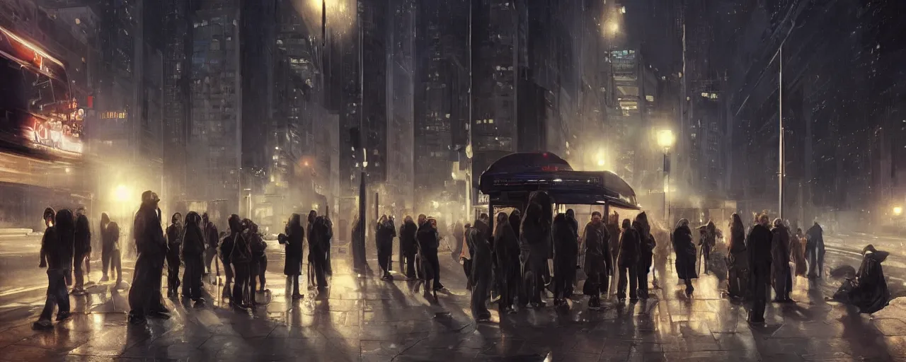 Prompt: some people waiting at the bus stop in the dark city night. most epic dramatic scene. epic cinematic hyperrealism masterpiece. realistic poster with shaded lighting by craig mallismo, artgerm, jeremy lipkin and michael garmash, unreal engine, radiant light, detailed and complex environment, digital art, art station trends