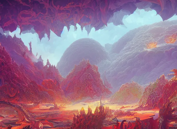 Prompt: psychedelic concept art of a dragon landscape made of thousands of dragons, cel shaded, in the style of makoto shinkai and moebius and peter mohrbacher and anton fadeev