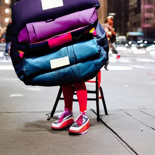 Image similar to a girl trapped under a big pile of backpacks, raf simons campaign, dramatic lighting, new york city