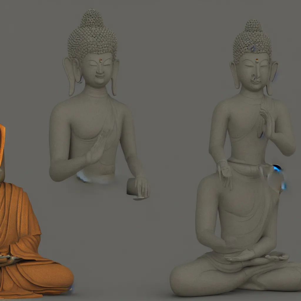 Image similar to 3 d model of a meditating buddha checking his phone in unreal engine
