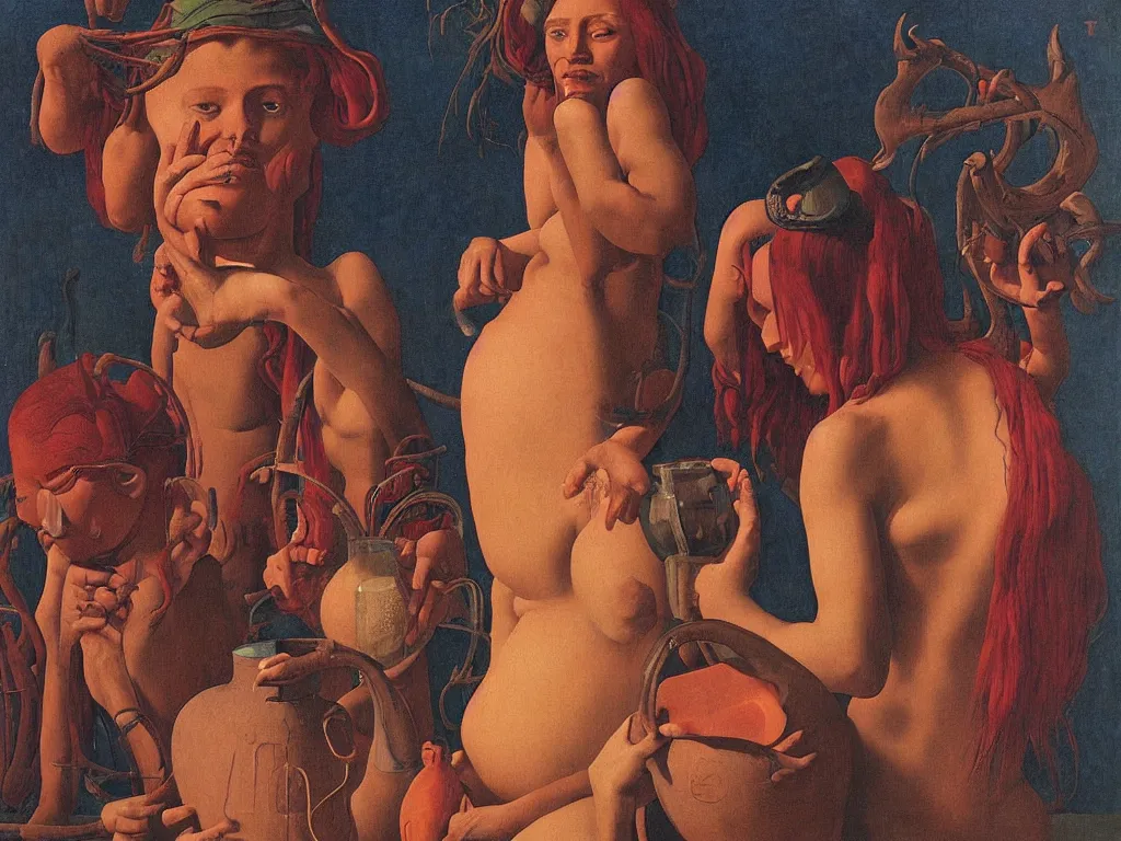 Prompt: Portrait of the red haired pregnant woman with a water jug. The realm of the Moth. Aurora night, sweaty mountain, the antler people, African mask, acid rains. The sacred nipple. Thunderstorm. Painting by Georges de la Tour, Rene Magritte, Jean Delville, Max Ernst, Ernst Haeckel