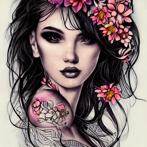 Image similar to tattoo design, stencil, traditional, beautiful portrait of a girl with flowers in her hair by artgerm, artgerm, digital art