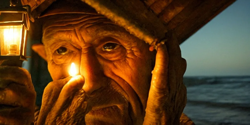 Image similar to film still of closeup old man holding up lantern by his beach hut at night. pirate ship in the ocean by emmanuel lubezki