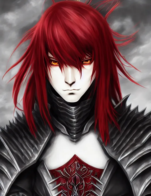 Prompt: a detailed manga portrait of a handsome vampire boy with long crimson hair in dark black spiked armour, trending on artstation, digital art, 4 k resolution, detailed, high quality, sharp focus, hq artwork, coherent, insane detail, character portrait