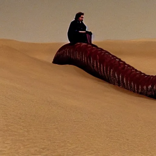 Image similar to A still of Agent Cooper from Twin Peaks riding a giant sandworm in Dune (1984)