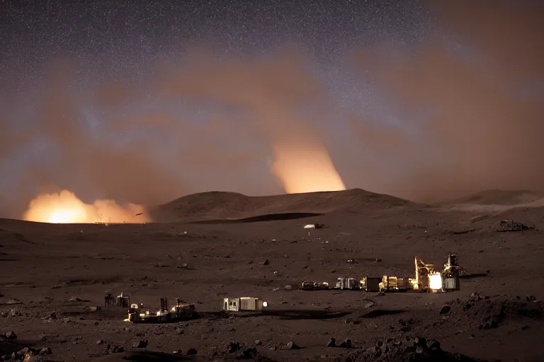 Prompt: a landscape photograph of a mining operation on the moon. plumes of dust are visible against the starry sky. stark contrast, vivid, award winning photography