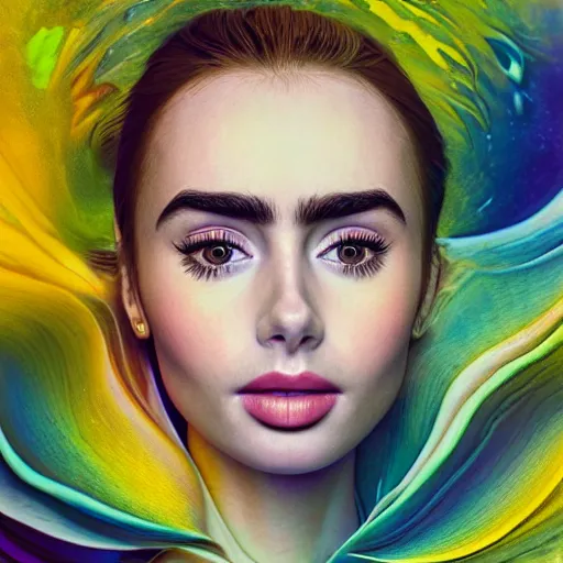 Image similar to portrait of a beautiful blonde queen girl lily collins, floating under the deep dream water, beautiful smooth soft light + white petal, oil paint, closeup, 4 k, highly detailed, instagram,