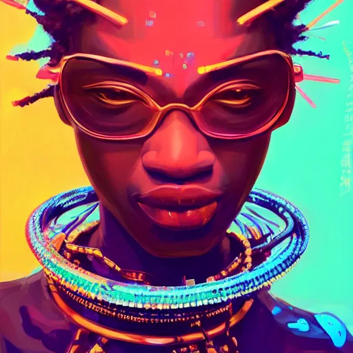 Image similar to afro - cyberpunk deities unseen amongst their creations, a society manifesting dreams with cosmic ancestral magic in a post - modern techno world | hyperrealistic oil painting | by makoto shinkai, ilya kuvshinov, lois van baarle, rossdraws, basquiat | afrofuturism, in the style of surrealism, trending on artstation | red and black color palette