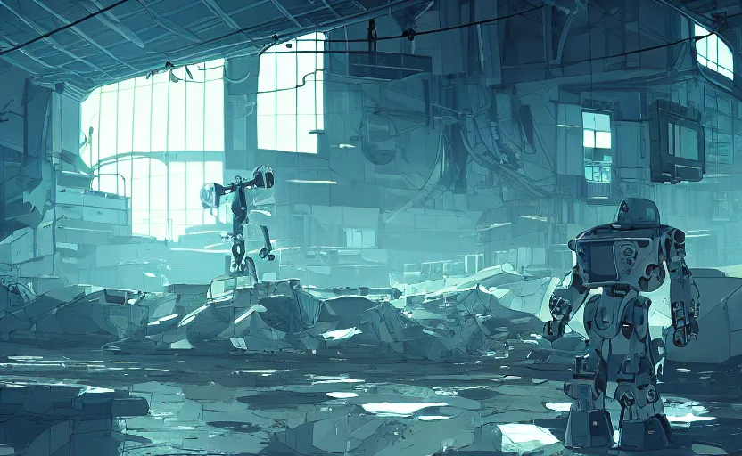 Prompt: a huge broken robot standing in a mess warehouse, crystal lights, sci - fi atmosphere, cel - shading, cinematic, artstation, studio ghibli, miyazaki, highly details