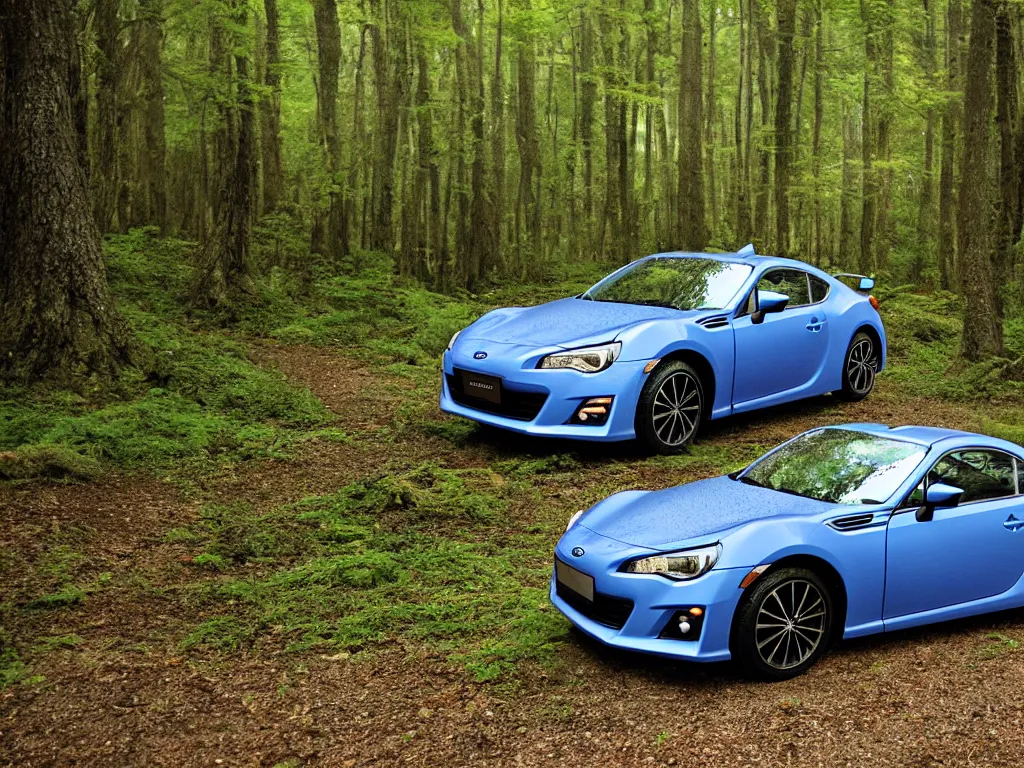 Image similar to subaru brz in a forest by studio ghibli