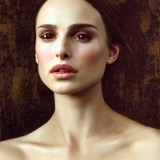 Prompt: portrait of nathalie portman dressed by alexander mcqueen | detailed oil painting, hyperrealistic, intrincate, elegant | cinematic lighting, award - winning | by roberto ferri, gustav klimt, william waterhouse and tom bagshaw | trending on artstation, cgsociety, official art, octane.