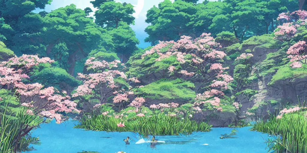 Prompt: a beautiful lake with blooming flowers, fantasy art, 2 d game art, by studio ghibli