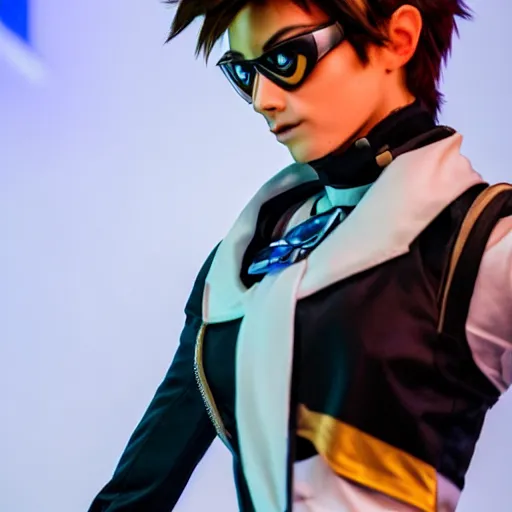 Prompt: tracer from overwatch on catwalk as runway model f/1.4
