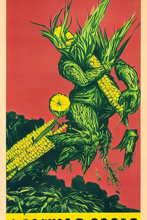 Prompt: a 1960s soviet propaganda poster about the dangers of giant rampaging corn monsters