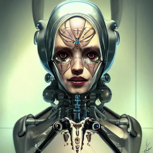 Prompt: An Alien Robotic Naughty Nurse with facial tattoos, artists portrait, biomechanical, Emergency Room, fantasy, highly detailed, digital painting, concept art, sharp focus, depth of field blur, illustration, art by artgerm and greg rutkowski and alphonse mucha