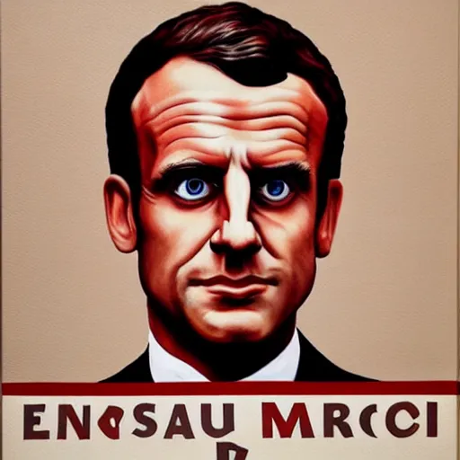 Prompt: painting close portrait of a very serious Emmanuel Macron in soviet propaganda 1930 style, red and brown color scheme, more severe eyes, constructivism