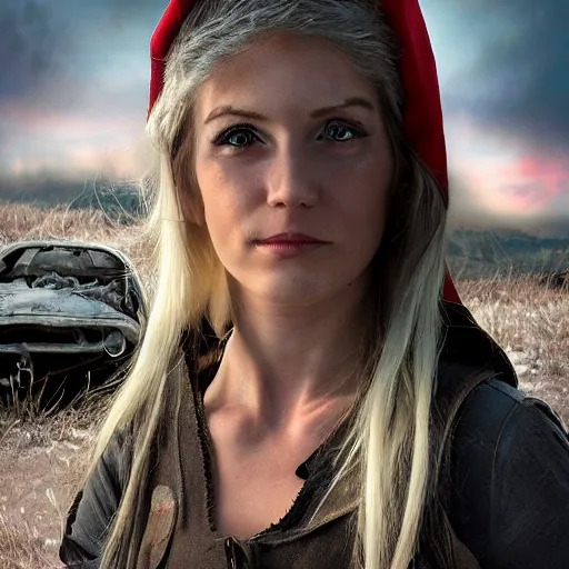 Image similar to close up headshot of a skinny female high-fantasy elf with a long face narrow chin and short spiky blonde hair wearing dark brown overalls and holding a bomb next to a destroyed car, gel spiked blond hair,narrow lips, high resolution film still, HDR color, painting by artgerm