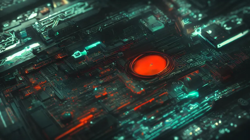 Image similar to a cyberpunk overpowered computer. Overclocking, watercooling, custom computer, cyber, mat black metal, orange neon stripes, alienware, futuristic design, Beautiful dramatic dark moody tones and lighting, Ultra realistic details, cinematic atmosphere, studio lighting, shadows, dark background, dimmed lights, industrial architecture, Octane render, realistic 3D, photorealistic rendering, 8K, 4K, computer setup, intricate details