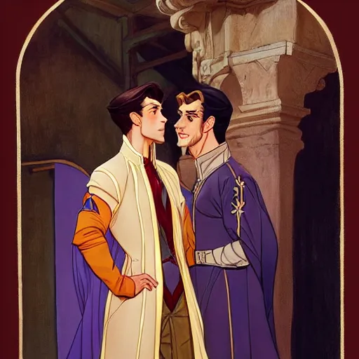 Image similar to attractive fully clothed king confesses his love for his attractive fully clothed male prince. highly detailed painting by glen keane and j. c. leyendecker 8 k