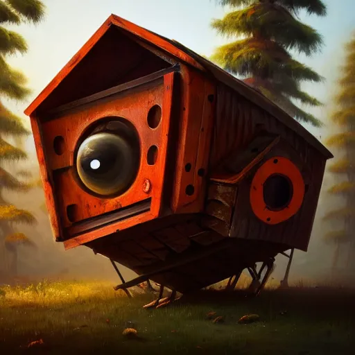 Image similar to a walking wood and metal house with two legs and one big eye, rust, hyperrealistic, highly detailed, cinematic, single ray of sun, morning, pareidolia, gravity falls style, red and orange dominance, beautiful, cgssociety, artstation, 8 k, oil painting, digital art