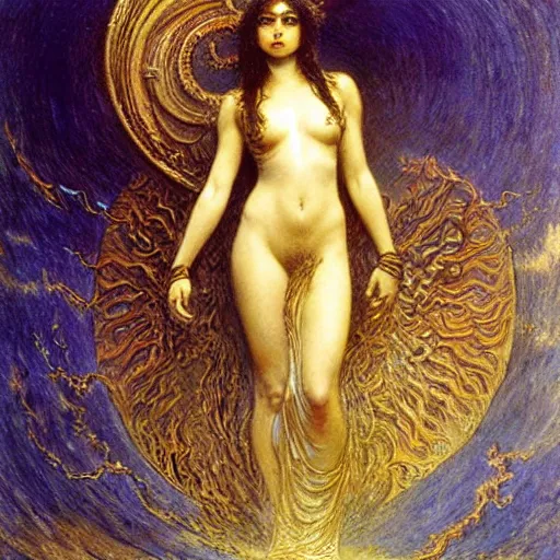 Prompt: a painting of alien goddess by gustav moreau, jean delville and  Gaston Bussiere